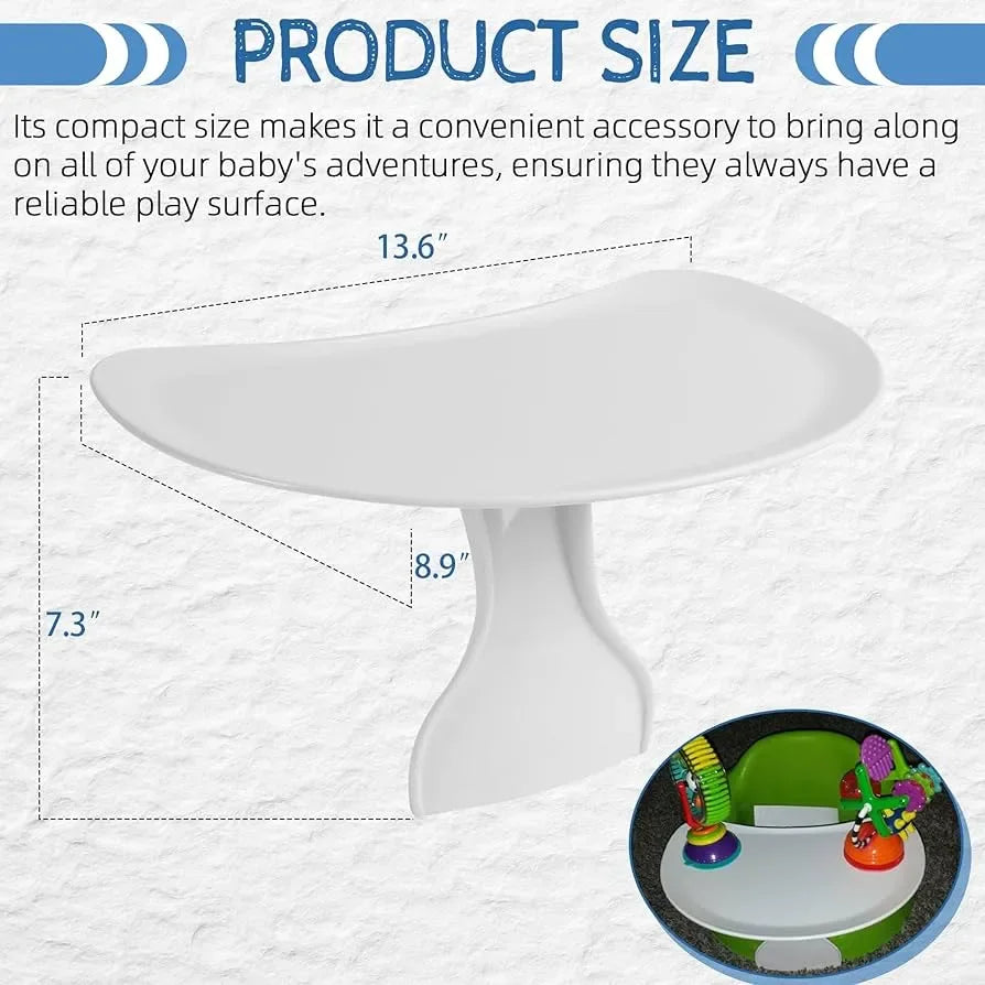 Angled front view of Bumbo tray attachment showcasing curved white tray and pedestal connector with labeled sizes 13.6 x 8.9 x 7.3 in on white textured background