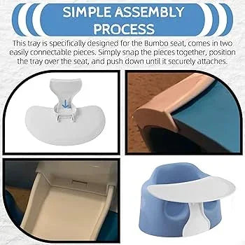 Front three-quarter view of Bumbo seat tray attachment showing snap-on front connector and tray surface on a blue Bumbo seat