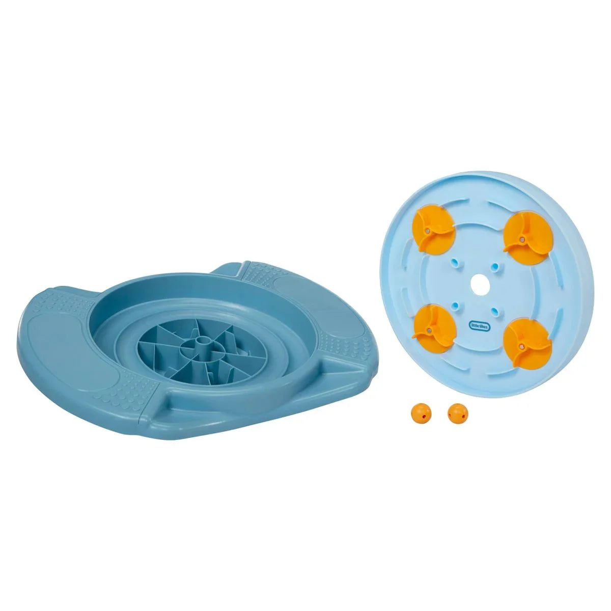 Blue plastic spinning toy with yellow suction cups and orange balls, disassembled