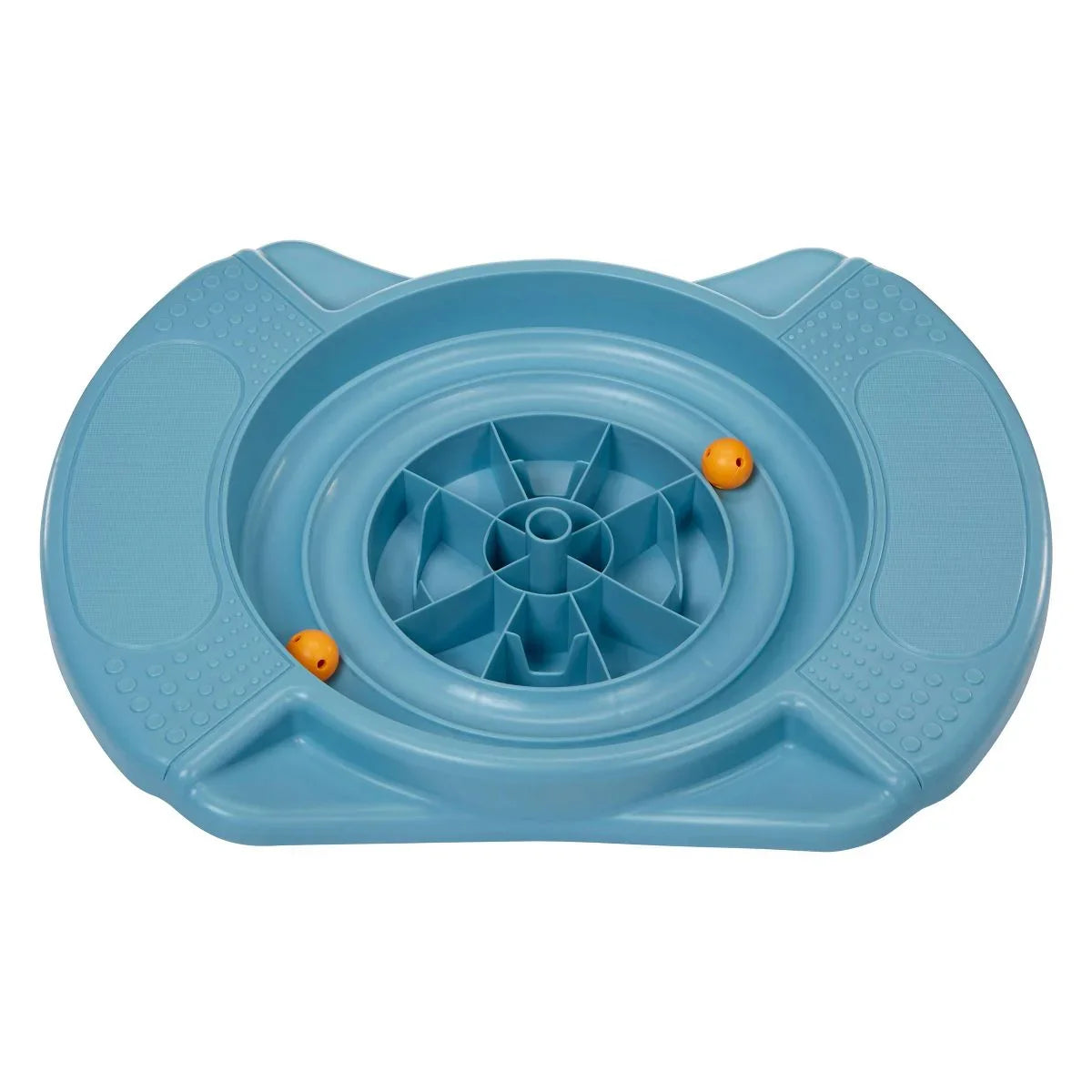 Blue plastic cat toy with circular track and two orange balls