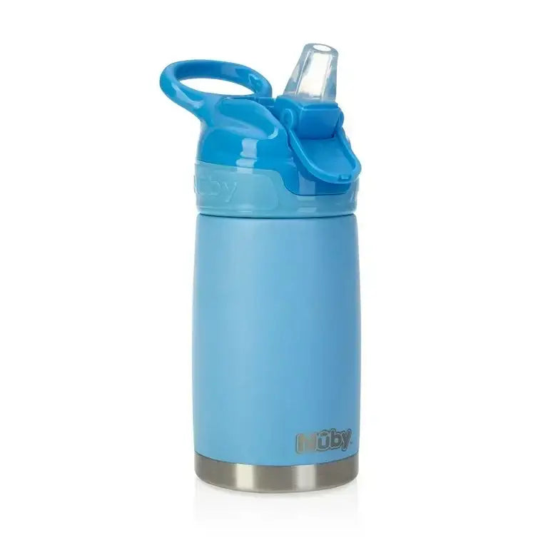 Blue Nuby stainless steel kids water bottle with flip straw lid on white background