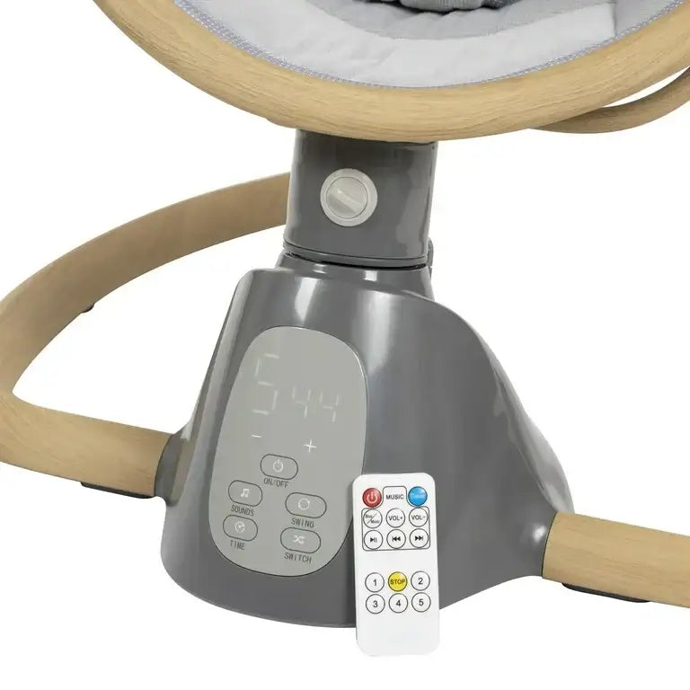 Close-up of Safety 1st 5-Modes Bluetooth baby swing base showcasing digital control panel and remote with light wood frame