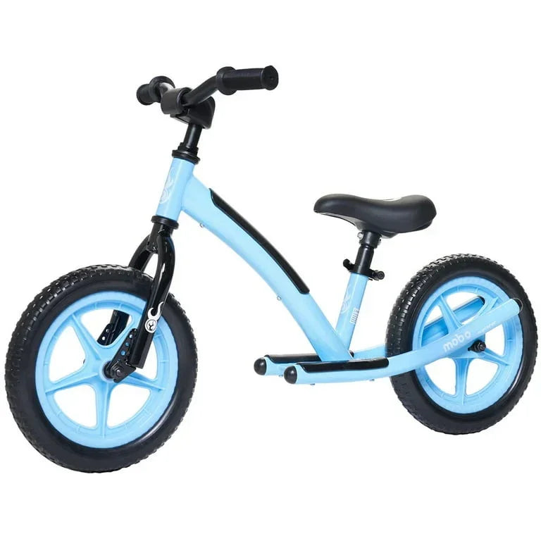 Side view of Mobo Explorer X 14-inch kids balance bike in blue showing low curved frame, 14-inch wheels, rear footrests and adjustable saddle on white background