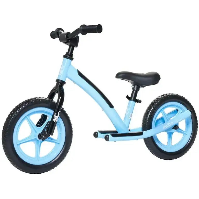 Side view of Mobo Explorer X 14-inch kids balance bike in blue showing low curved frame, 14-inch wheels, rear footrests and adjustable saddle on white background