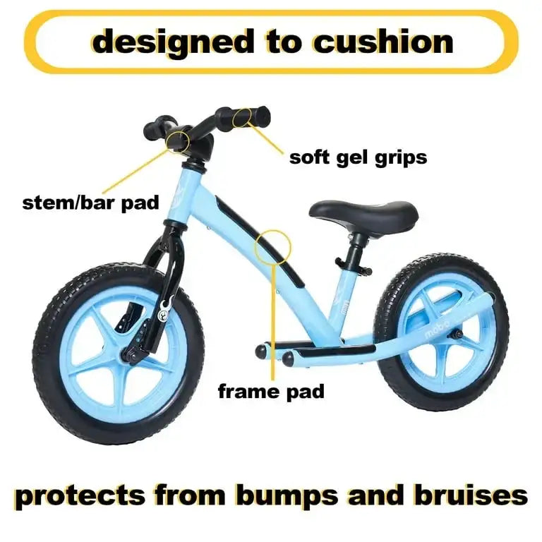 Side view of NEW Mobo Explorer X 14 inch Kids Balance Bike in Blue showcasing padded frame stem and soft gel grips on white background
