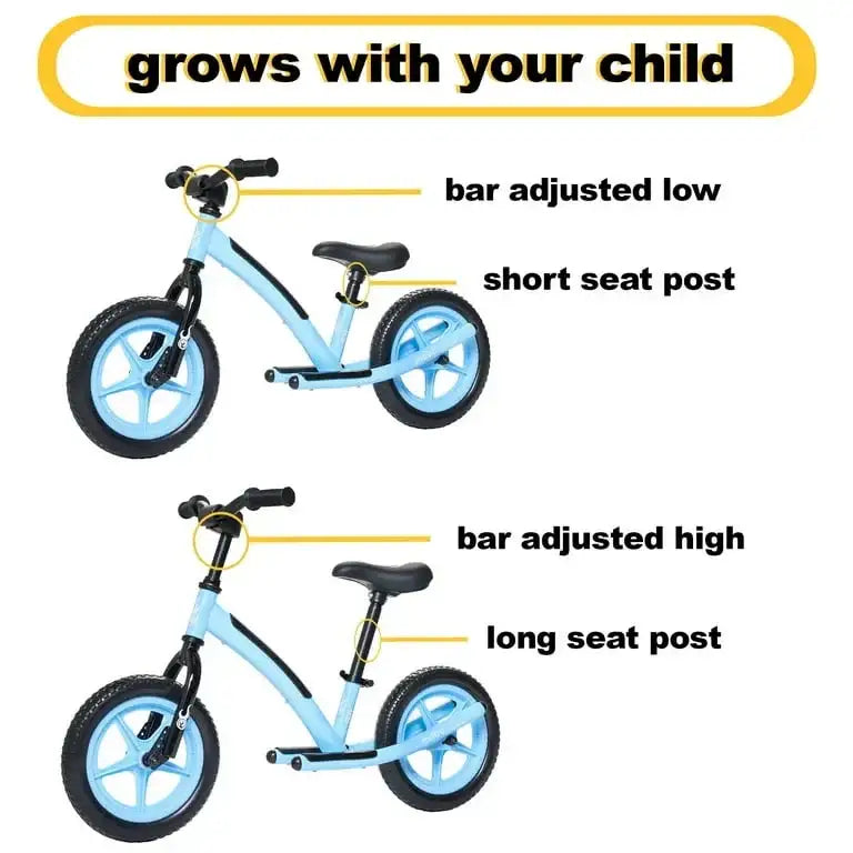 Infographic showing a blue Mobo Explorer X balance bike that grows with your child through adjustable handlebars and seat posts