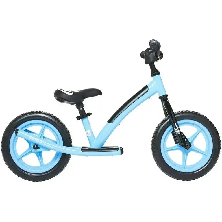 Side view of Mobo Explorer X 14-inch balance bike in blue with low step-through frame, footrest and adjustable seat