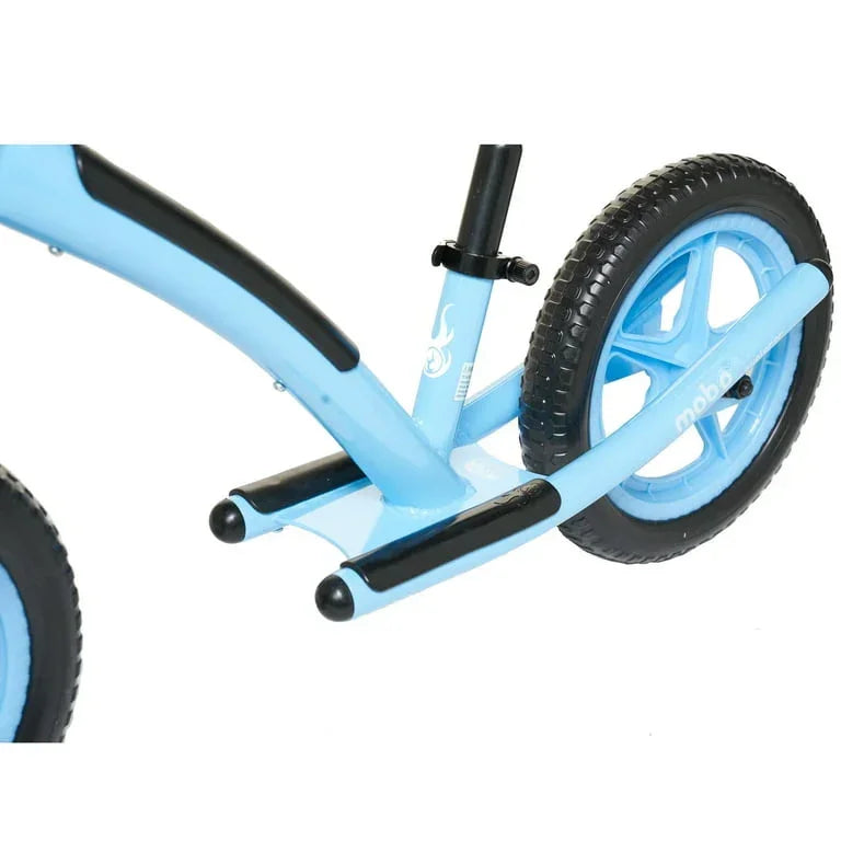 Rear close-up of Mobo Explorer X 14-inch kids' balance bike showcasing the rear wheel, curved frame and integrated footrests on white background