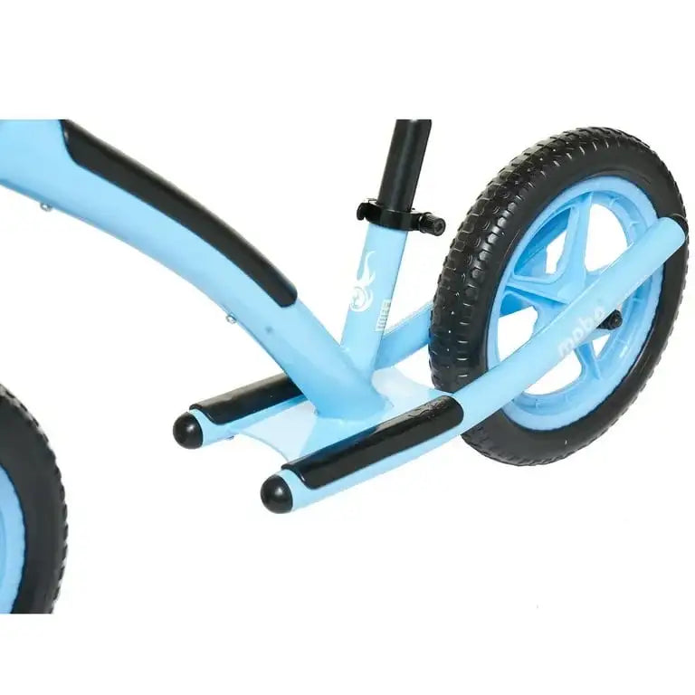 Close-up of NEW Mobo Explorer X 14 inch kids balance bike showcasing blue frame with black footrests and rear tire on white background