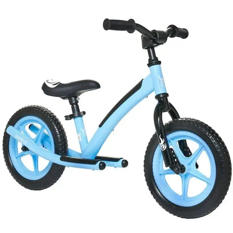 Side view of Mobo Explorer X 14-inch kids' balance bike in blue with mag wheels, adjustable saddle, no pedals on white