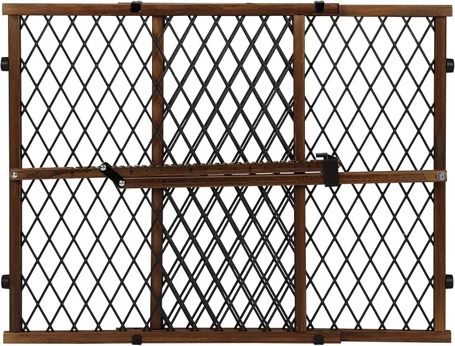 Front view of Evenflo Position & Lock gate with wood-look frame, diamond mesh panels and center latch on white background