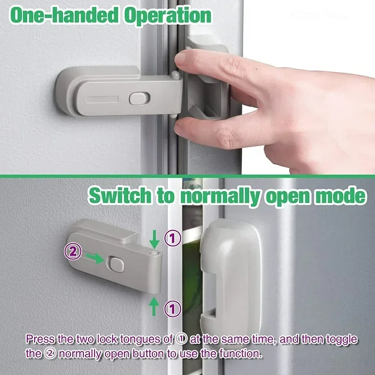 Instructional image showing One-handed Operation and how to switch to normally open mode on a refrigerator child-proof lock