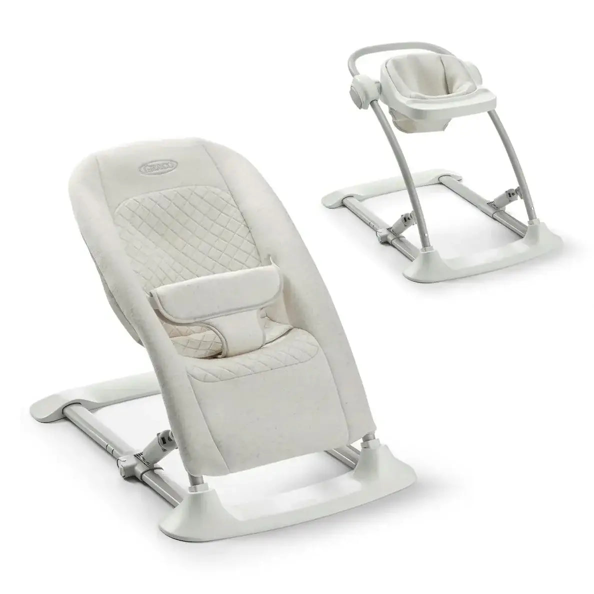 Three-quarter view of Graco JumpStart 4-in-1 activity bouncer in Wren showing quilted seat and adjustable frame on white