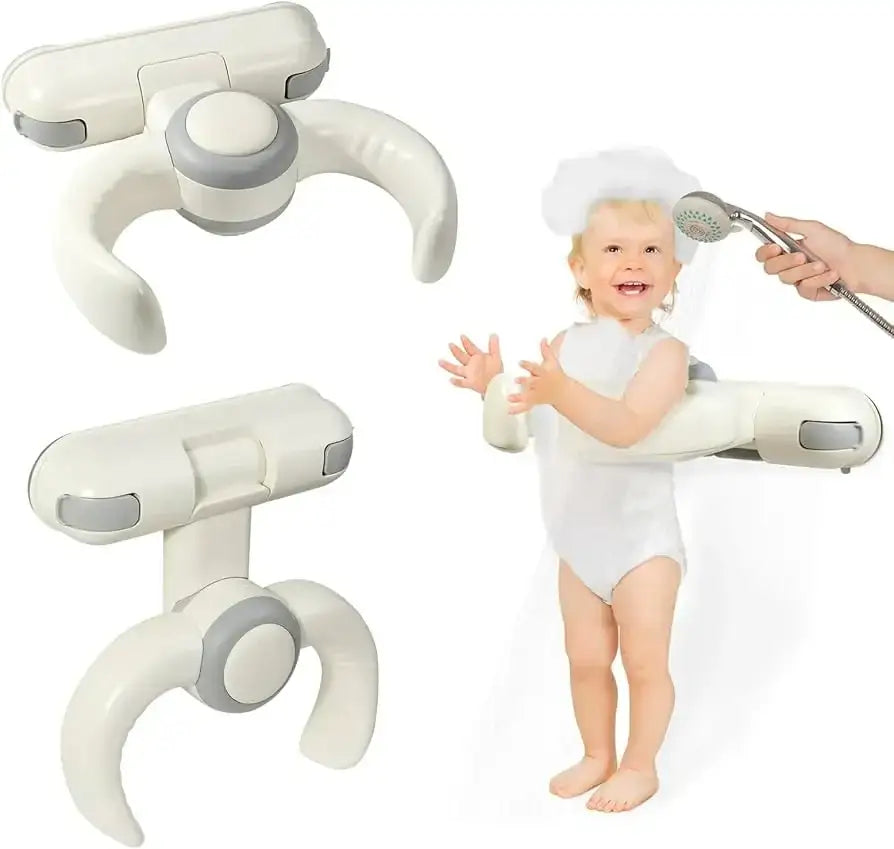 Product render of NEW IvyWind wall-mounted baby shower stand in white showing two suction-cup brackets and toddler being rinsed on white backdrop