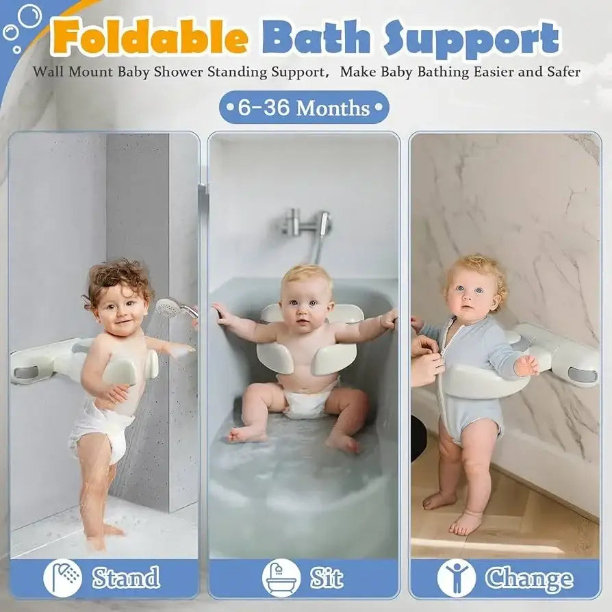Infographic showing foldable bath support for children from 6 to 36 months in stand, sit, and change positions