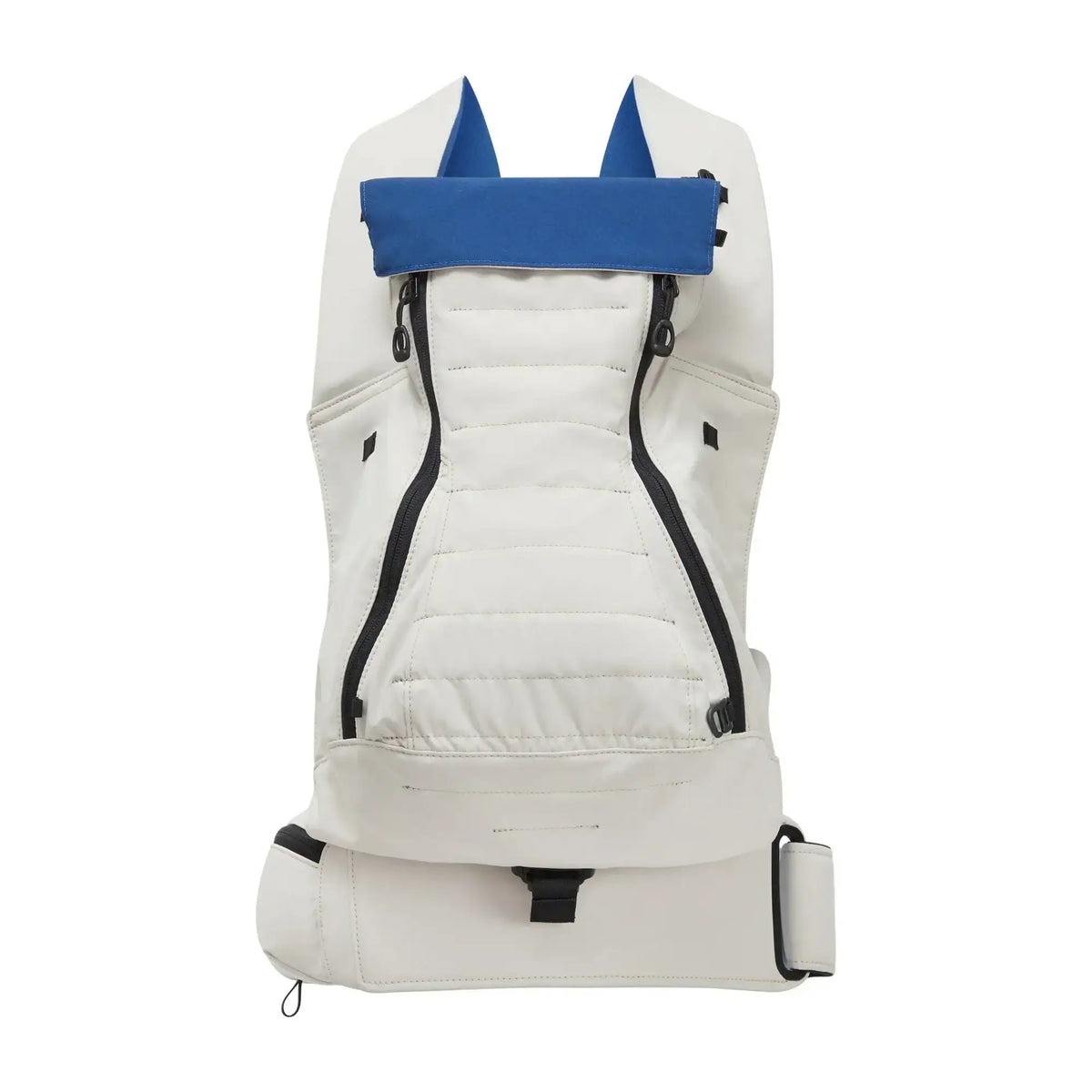 Front view of Nessl baby carrier in oatmeal with blue headrest, quilted padded panel, vertical zip pockets and wide hip belt