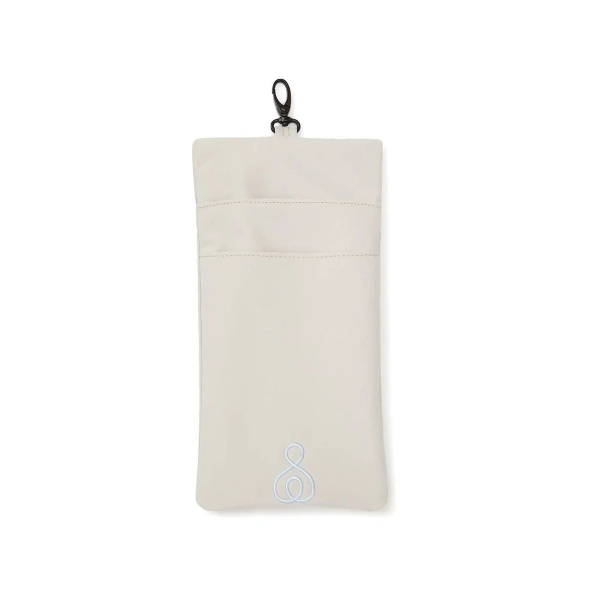Front view of Nessl baby carrier storage pouch in oatmeal showcasing clip closure and embroidered logo with white seamless backdrop