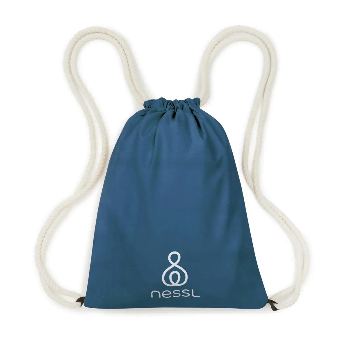 Front view of Nessl drawstring storage bag showcasing white Nessl logo and cream rope straps on white background
