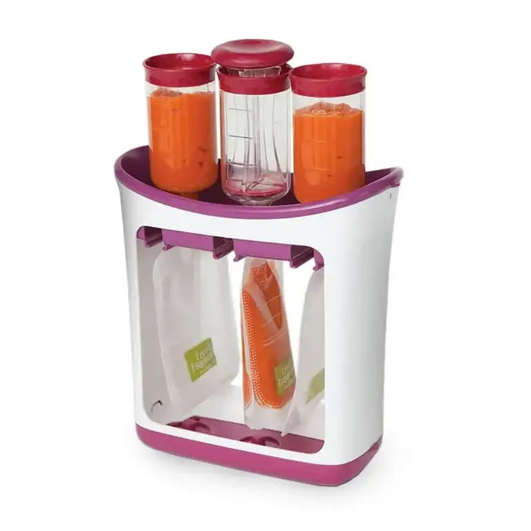 Front three-quarter view of Infantino Fresh Squeezed Squeeze Station with three jars and pouch-filling slots on white