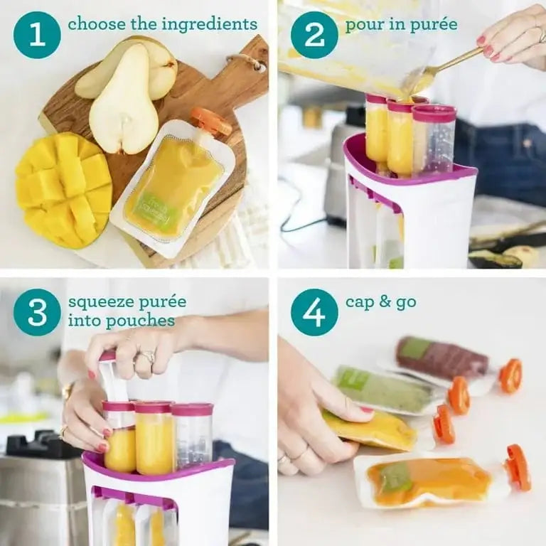 Front view of Infantino Squeeze Station showing three clear jars and magenta lid on a kitchen counter