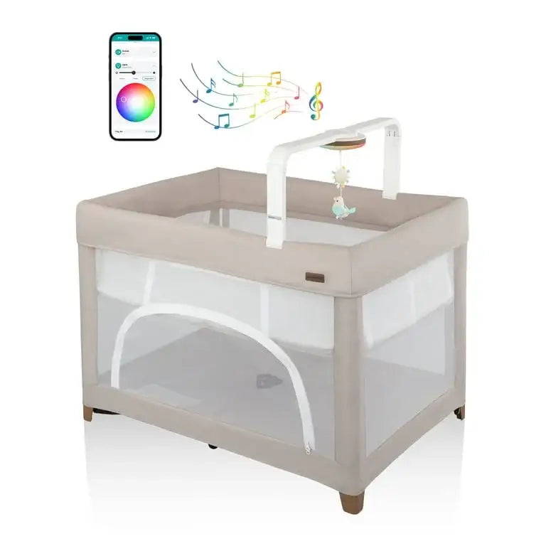 Front view of NEW Evenflo Eris One-Hand Playard with Bassinet in Coastal Coffee showcasing app-controlled soothing features