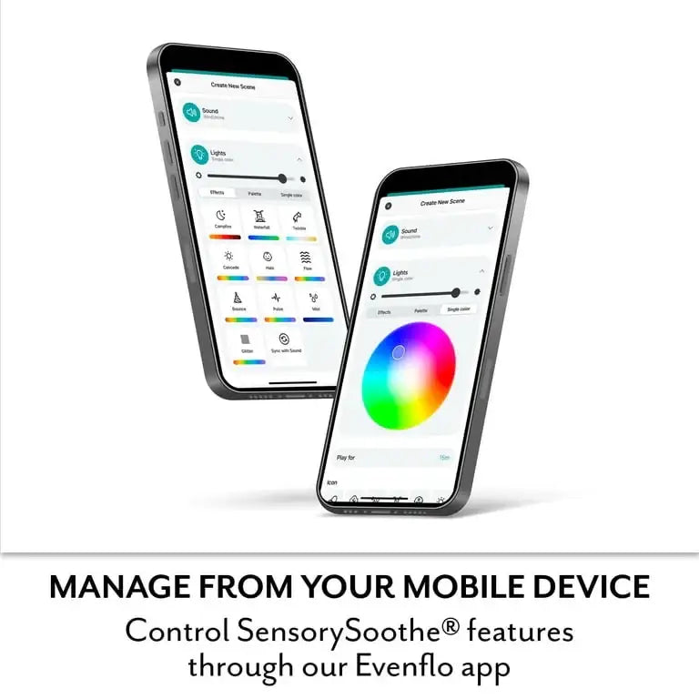 Evenflo app controls SensorySoothe lights, music, sounds, and toy features from a mobile device