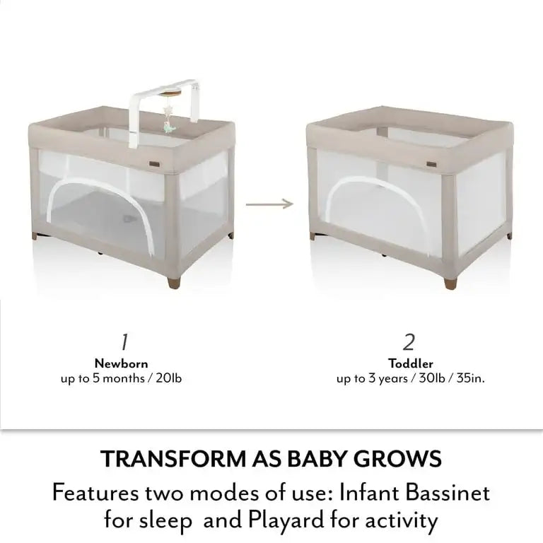 Infant bassinet for newborns up to 5 months and playard for toddlers up to 3 years, showing two modes as baby grows