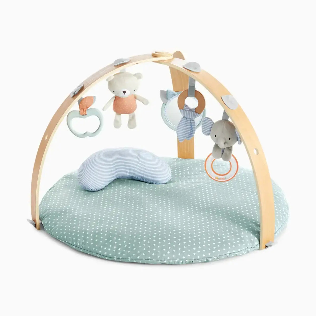 Front view of Ingenuity Cozy Spot Reversible Duvet Activity Gym with wooden toy bar, plush mat, pillow, and hanging toys
