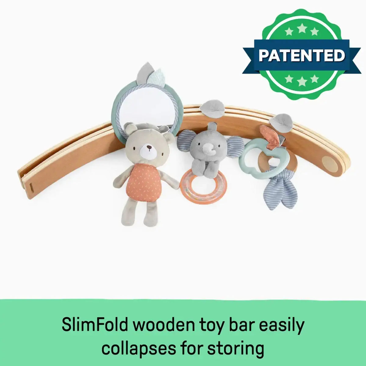 Front view of Ingenuity Cozy Spot reversible duvet activity gym with SlimFold wooden toy bar that easily collapses for storage