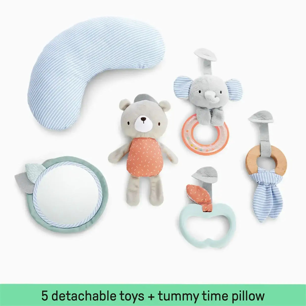 Top view of Ingenuity Cozy Spot activity gym showing five detachable toys and tummy time pillow on white background