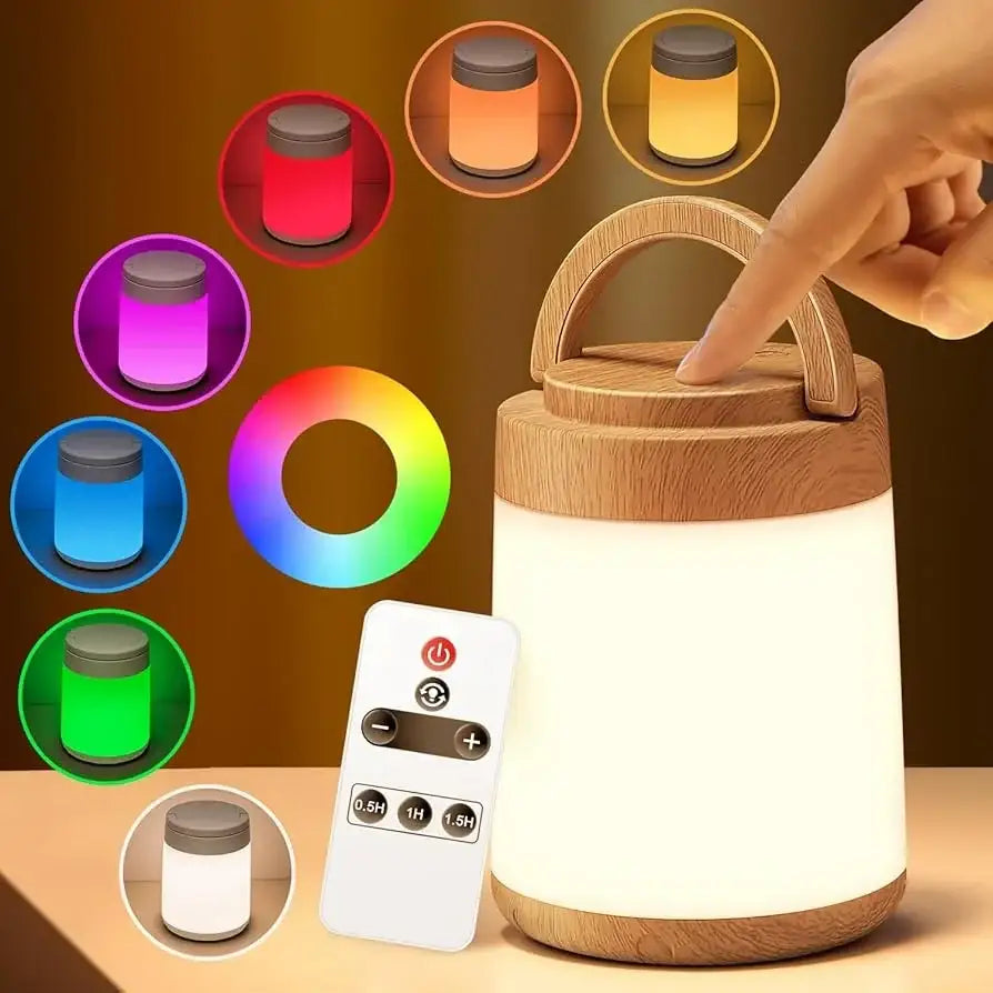 Front view of NEW One Fire Portable Night Light showcasing wood-grain handle, color-changing glow, and remote control