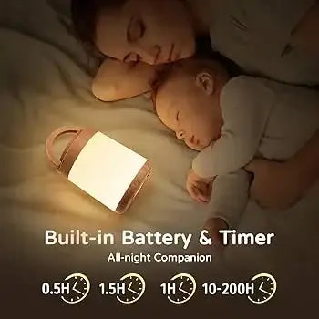 Two babies sleeping beside a glowing portable night light with built-in battery and timer, labeled All-night companion