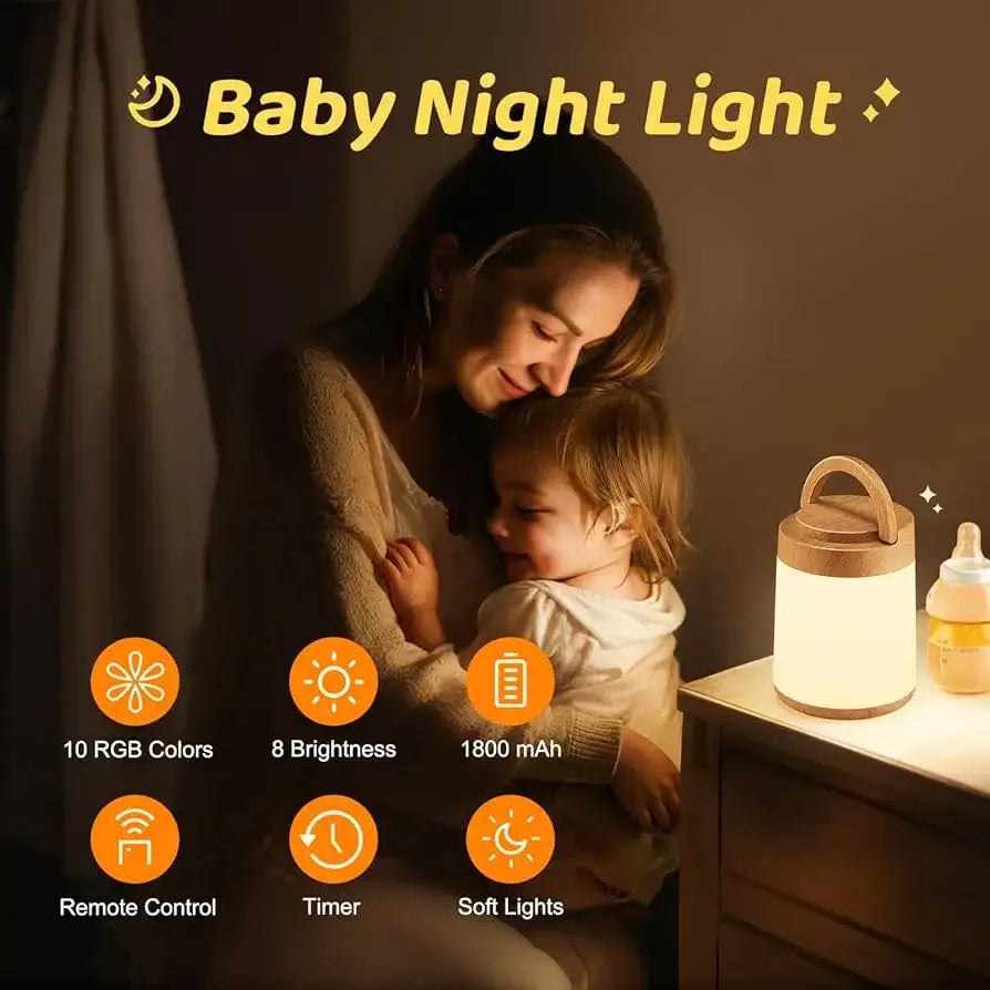 Baby night light infographic showing 10 RGB colors, 8 brightness levels, 1800 mAh battery, remote, timer, and soft lights