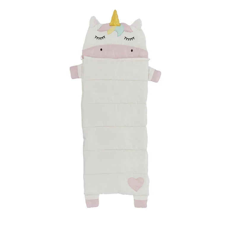 Flat lay of Sparkle the Unicorn kids’ sleeping bag with unicorn hood, yellow horn, pastel mane, pink cuffs and heart patch