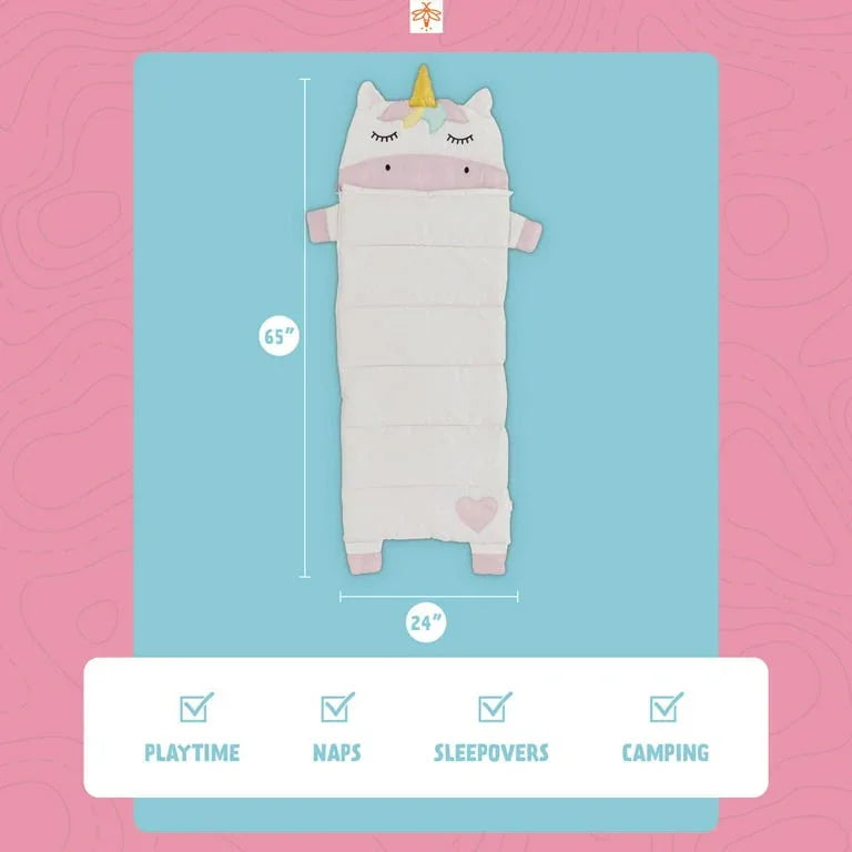 Flat lay of Firefly Sparkle unicorn sleeping bag, 65in by 24in, horn hood and heart patch on light blue