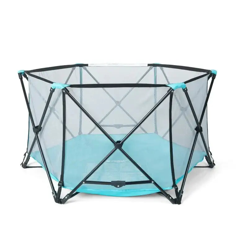Angled front view of Regalo My Play portable 6-panel play yard showcasing teal floor and mesh sides on white background