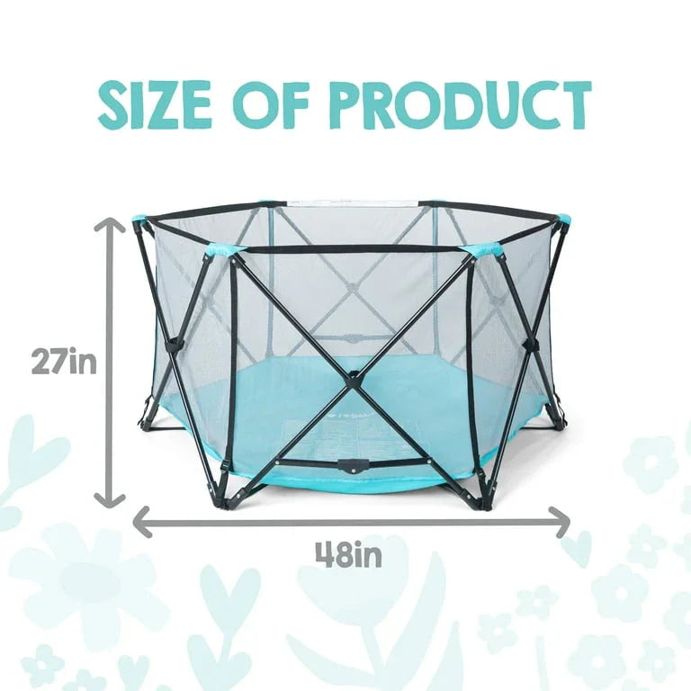 Front view of Regalo My Play 6-panel play yard showing teal base, mesh sides and black folding frame on white background