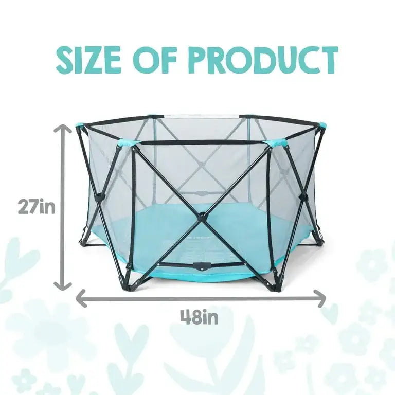 Product dimension graphic showing the play yard is 48 inches wide and 27 inches high