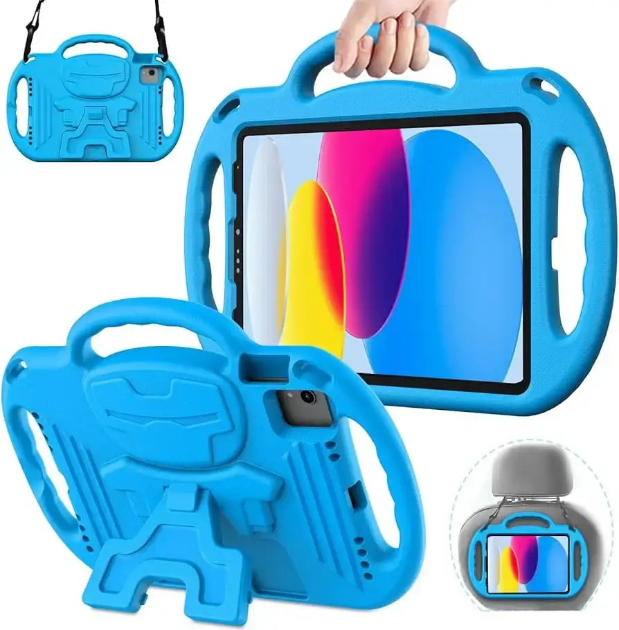 Multiple views of NEW AVAWO 10th Gen iPad case showcasing its carry handle and blue EVA foam on a white background