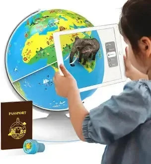 Scene of child using PlayShifu Orboot Earth interactive AR globe with tablet showing 3D elephant and passport accessory