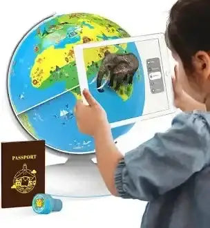 Scene of child using PlayShifu Orboot Earth interactive AR globe with tablet showing 3D elephant and passport accessory
