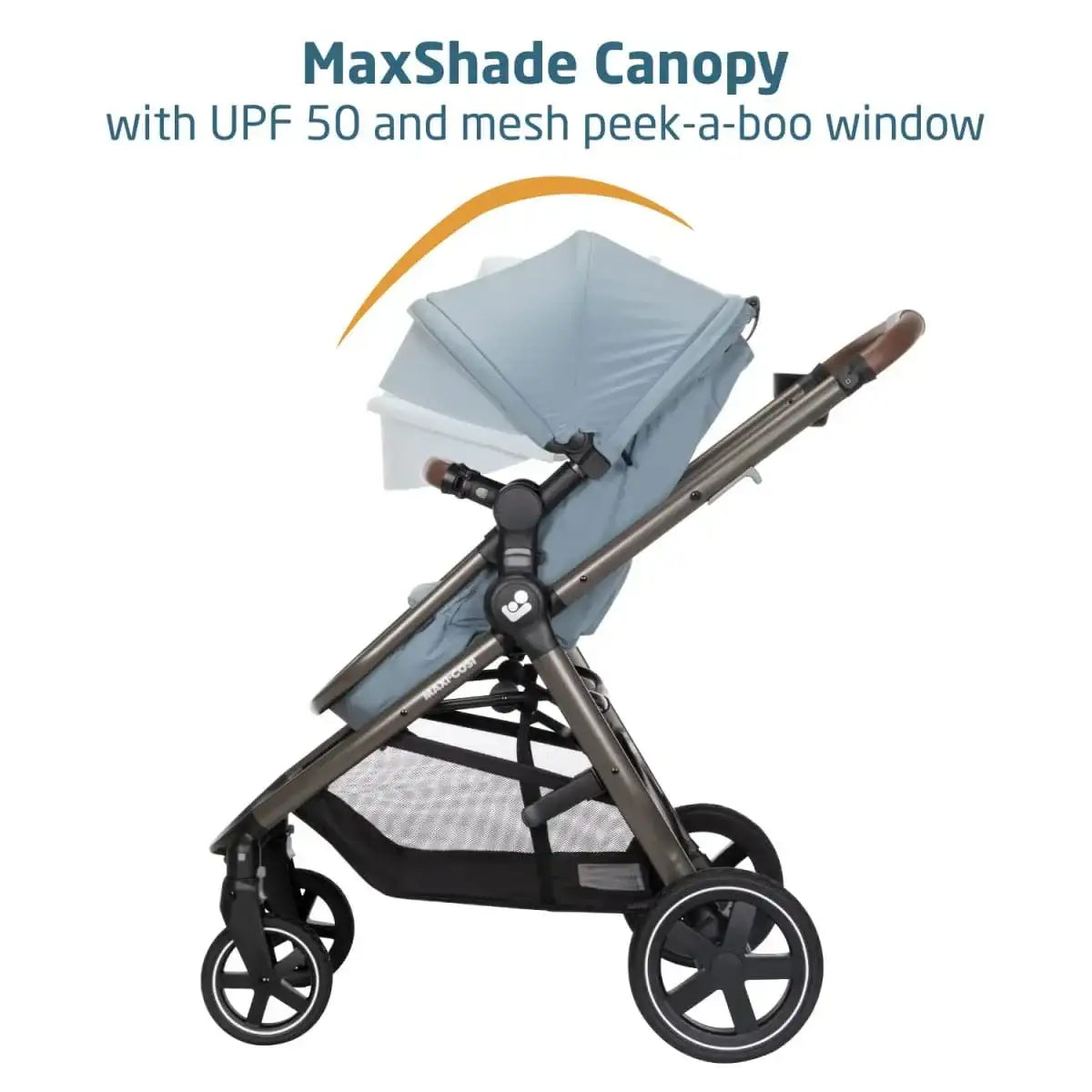 Side view of NEW Maxi-Cosi Zelia 2 Luxe 5-in-1 travel system in New Hope Grey with MaxShade canopy, UPF 50, and mesh peek-a-boo window