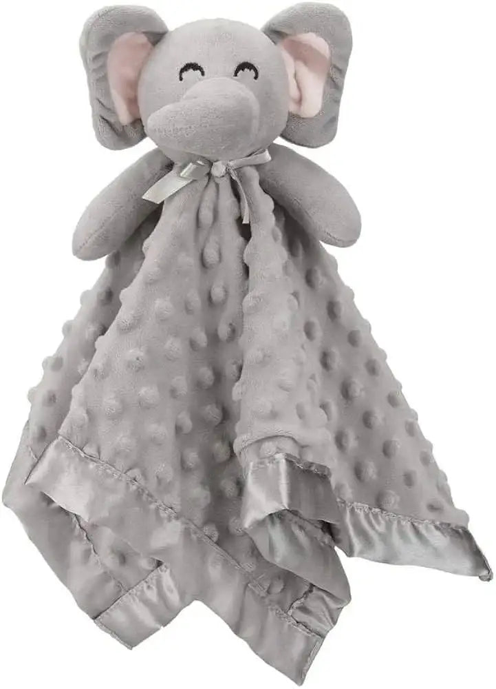 Front view of elephant security blanket showcasing textured gray fabric and satin trim on white background