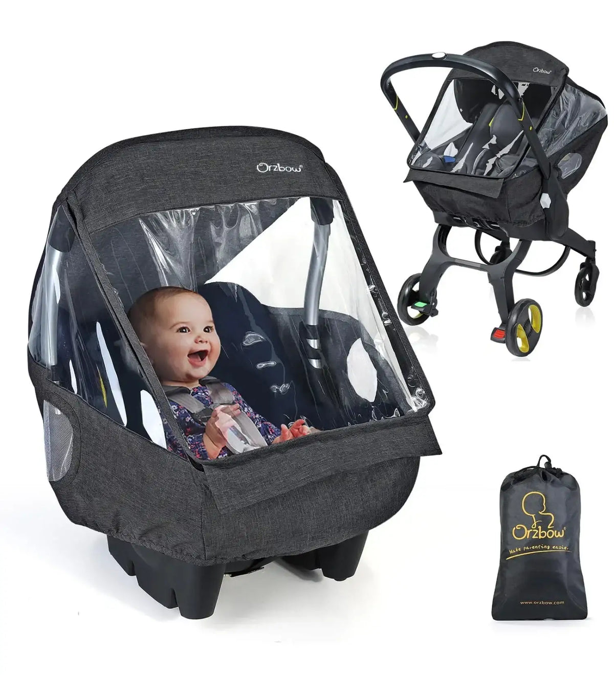 Front three-quarter view of a black Orzbow car seat rain cover showcasing a large clear window with storage bag on white background