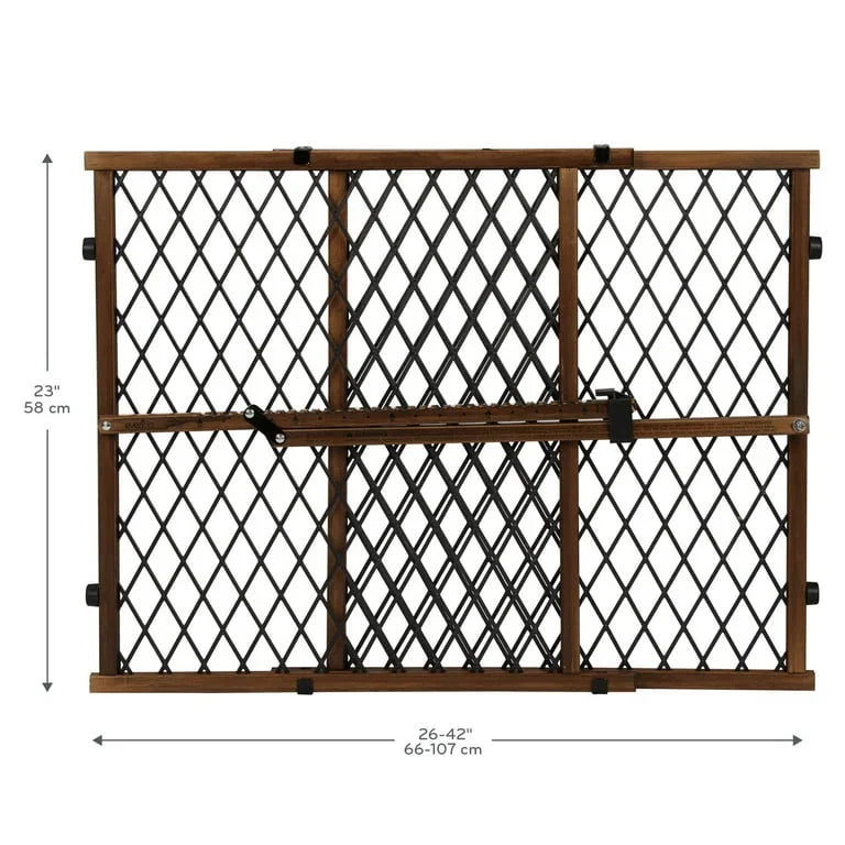 Front view of Evenflo doorway gate showing adjustable 26 to 42 inch width and 23 inch height, farmhouse finish on white