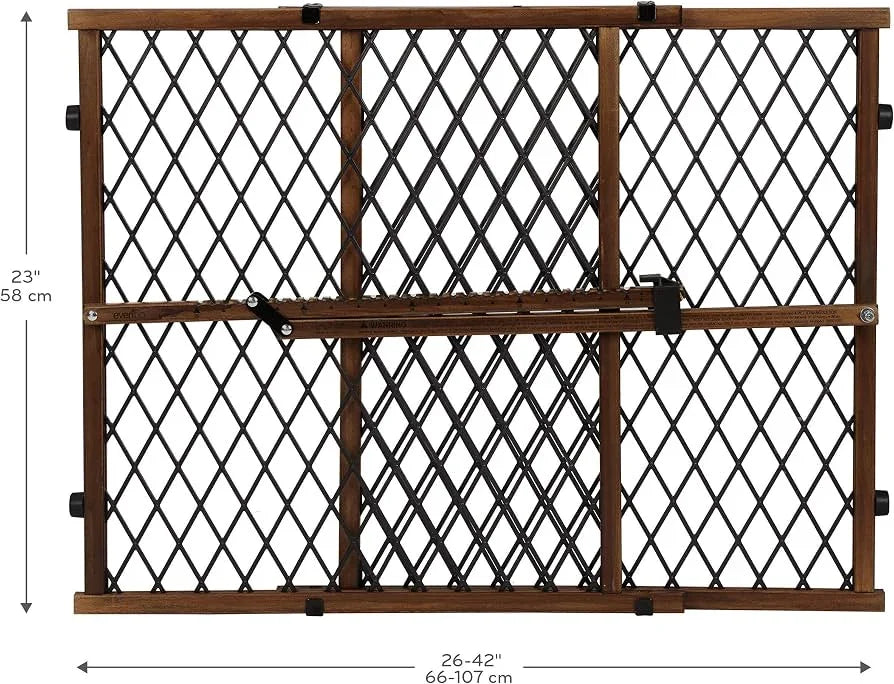 Front view of Evenflo doorway gate, wood-tone frame with diamond-mesh panel; adjustable 26-42 in wide, 23 in high