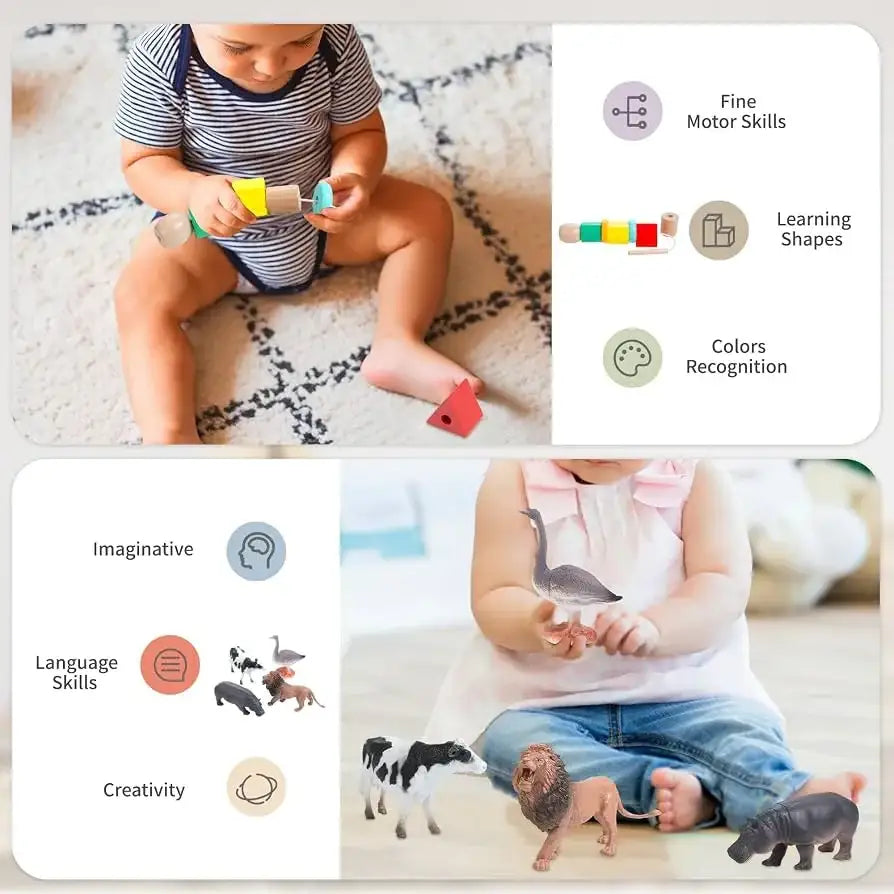 Montessori play kit collage showing fine motor skills, shape learning, color recognition, imagination, language, and creativity