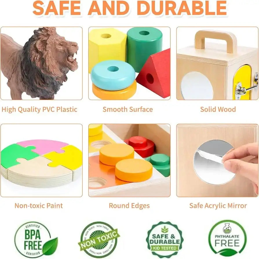 Safe and durable toy features collage showing smooth surfaces, solid wood, rounded edges, non toxic paint, and acrylic mirror