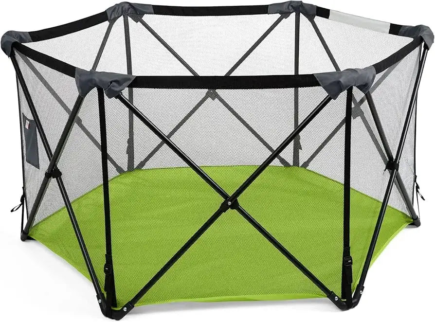 Front view of Bright Starts Pop ‘N Play indoor and outdoor playard showcasing green floor and mesh sides on a white background
