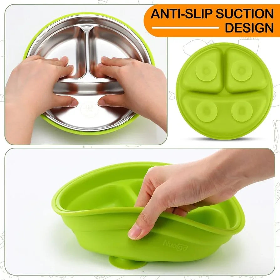 NEW Nuogu Stainless Steel Baby Suction Plate with Silicone Shell, Green